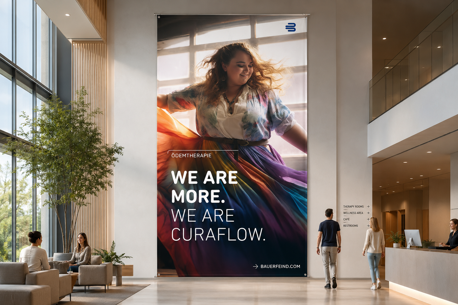 We Are More campaign artwork for VenoTrain curaflow installed as a large-format interior banner
